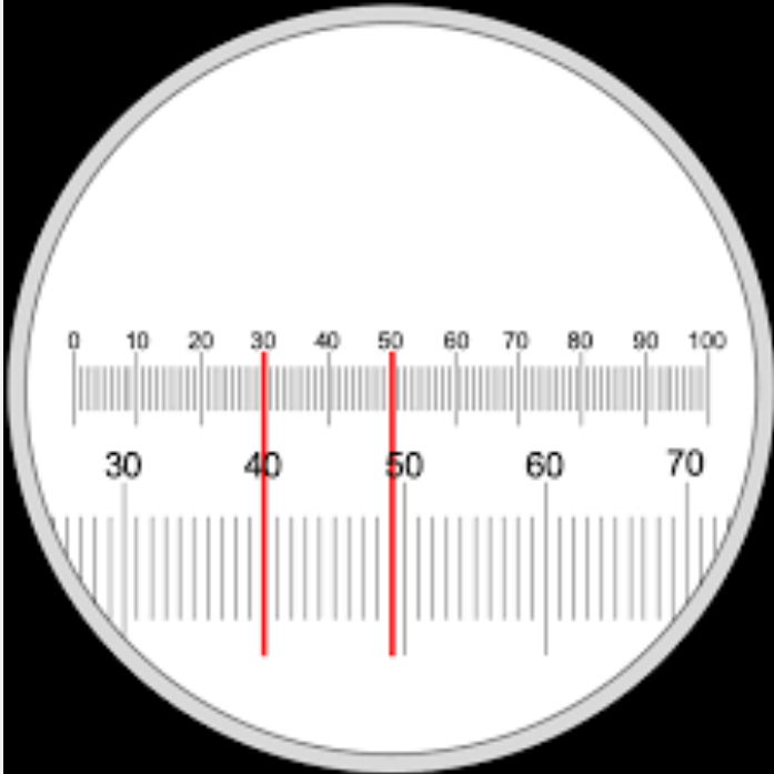 
1. Insert eyepiece graticule into X10 eyepiece of you microscope 
2. Place stage micrometre on microscope stage and bring to focus 
3. Align eyepiece graticule and stage micrometre and check the value of one eyepiece division at this magnification 