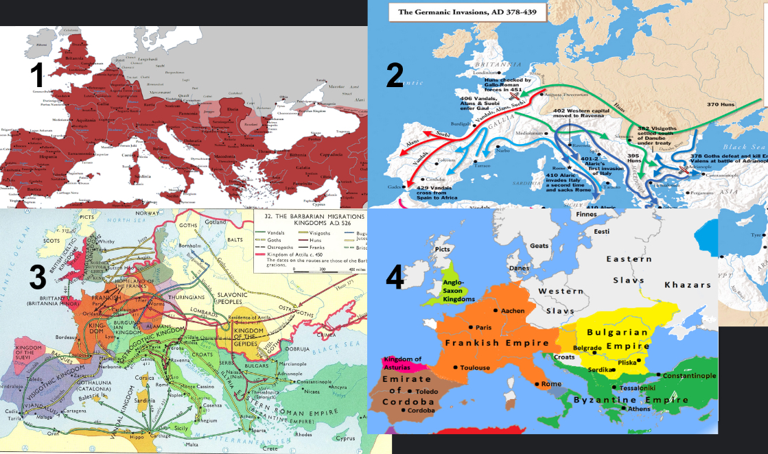 <p>Barbarians took over, split up Europe, lots of little nations/empores, those empires were then consolidated to bigger empires, still of invading barbariands </p><p></p><p>—&gt;THE FRANKISH EMPIRE!</p>