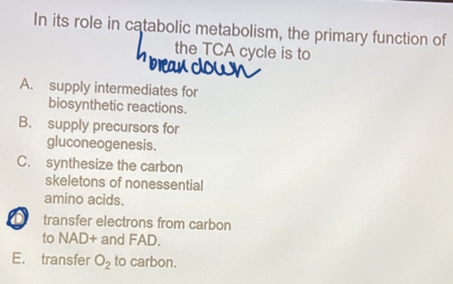 <p>transfer electrons from carbon to NAD+ and FAD</p>