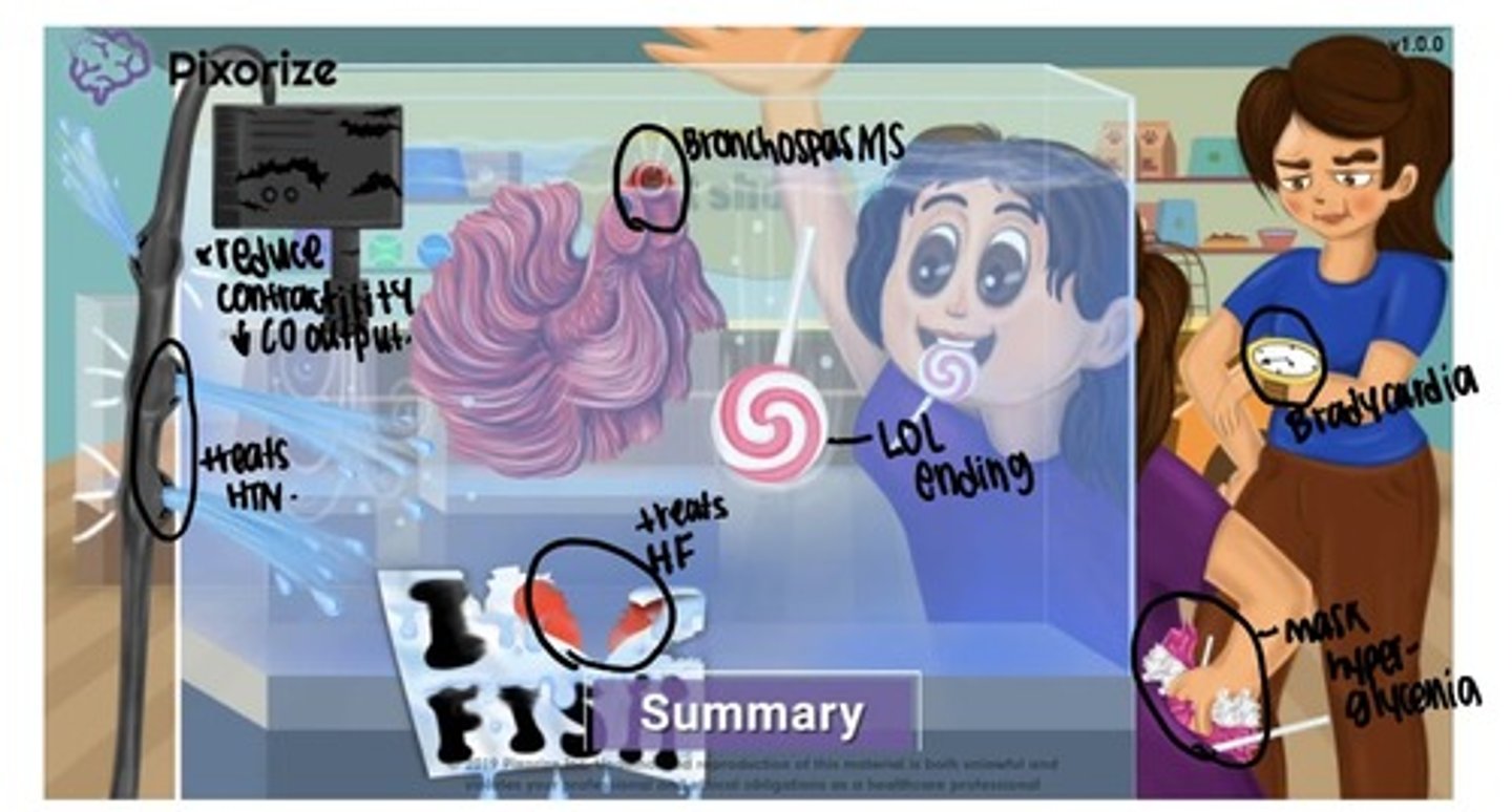 <p>Indication: treats htn, treats hf, prolonged chance of survival following MI, angina, migraines prevention </p><p>Adverse: GI effects, CV effects (bad for heart failure pt w/ cracks in chest, no edema, rapid weight gain) , respiratory effects (wheezing), blood sugar masking, bradycardia (if HR less the 60, hold), hold if low bp too </p><p>HOLD CAFFEINE </p><p>Contraindications: severe unstable HF, asthma or other bronchospastic disorders, heart block or bradycardia, preg/ lactation, cardiogenic shock </p>