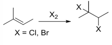 <p>An alkene reacts with X<sub>2</sub> (X=Cl, Br) </p>