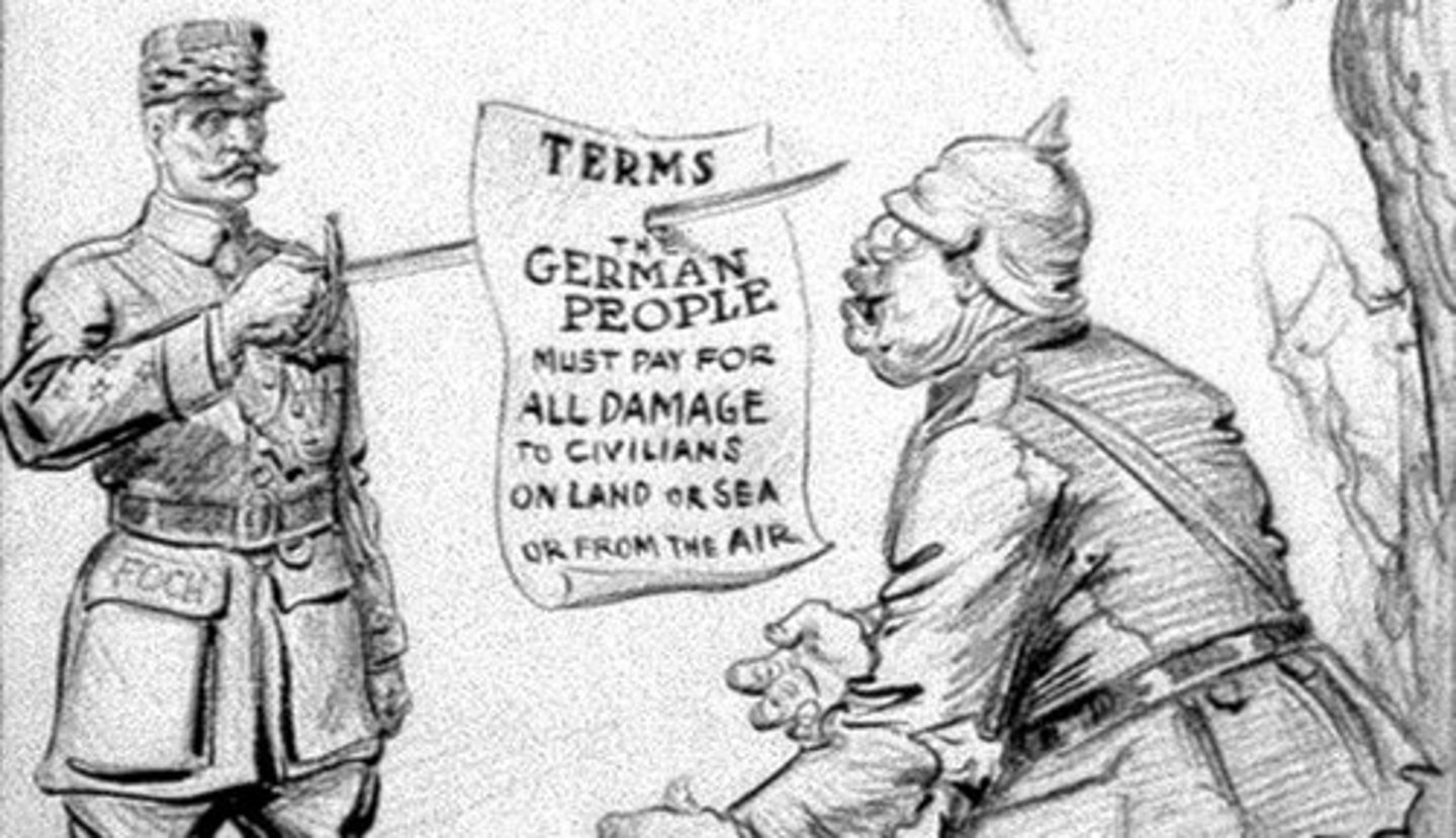 <p>(1919) ended WWI by imposing harsh penalties on Germany, including war guilt and reparations.</p>