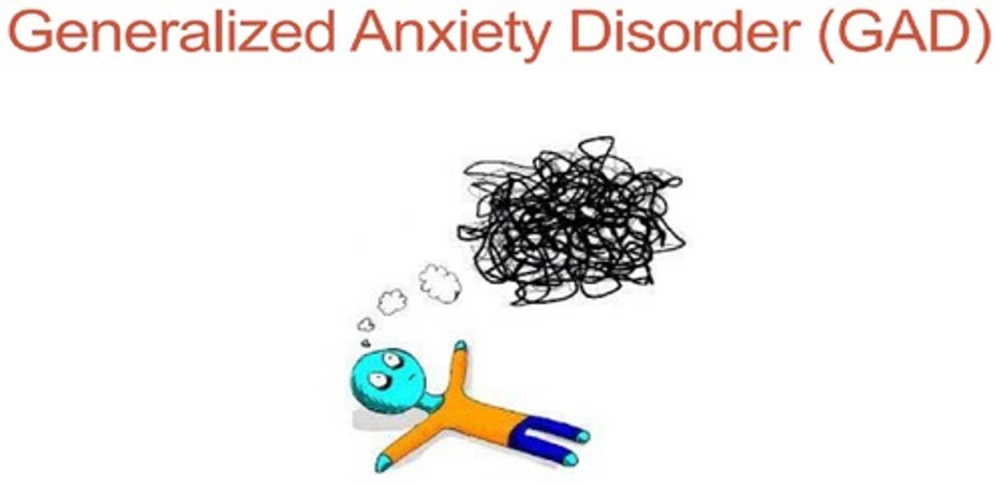 <p>prolonged experiences of nonspecific</p><p>anxiety characterized by chronic excessive worry along with three or more of the following: restlessness, fatigue, concentration problems, irritability, muscle tension, and sleep disturbance</p>