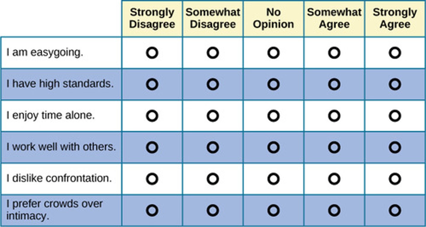 <p>an assessment tool (usually a questionnaire that measures and evaluates an individual's personality, such as traits, behaviors, and attitudes</p>