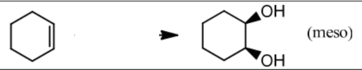 <p>Adds 2 -OH across alkene</p><p>Syn</p>