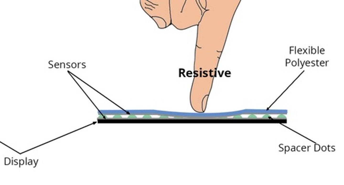 <p>They consist of two layers separated by a gap; pressure on the top layer creates a change in electrical resistance.</p>