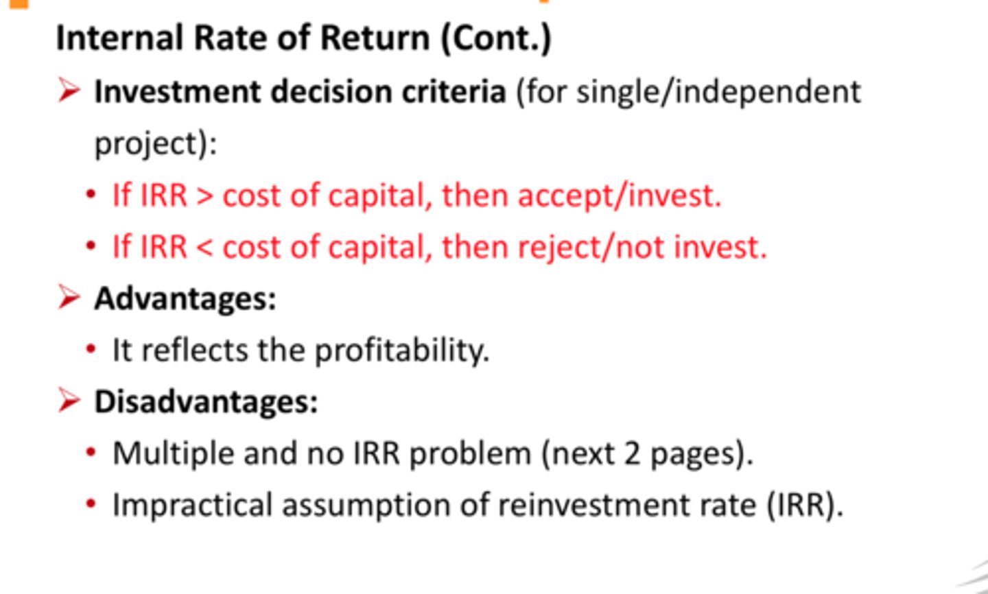 <p>Projected annual yield to determine if funding should be invested in a project; typically based on a minimum IRR required (hurdle rate).</p>