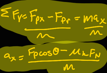 <p>(sigma)Fy = (Fpx - Ffr)/m = ax</p>