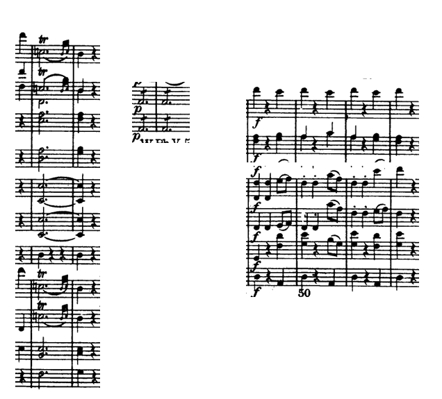 <p>43-44 has a V<sup>6</sup><sub>5</sub> —> 1 in G major</p><p>Dominant pedal in Viola, Cello and Double bass 47-48</p><p>4 repetitions of perfect cadences in bars 49-52</p>
