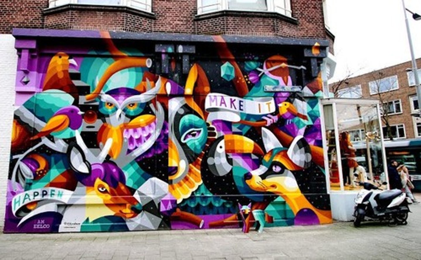 <p>a) Dutch painter, muralist, and illustrator<br>b) his mostly hand-drawn work is standing out with its strong use of color, motifs, outlines and illustrative elements in a surrealistic pop art style</p>