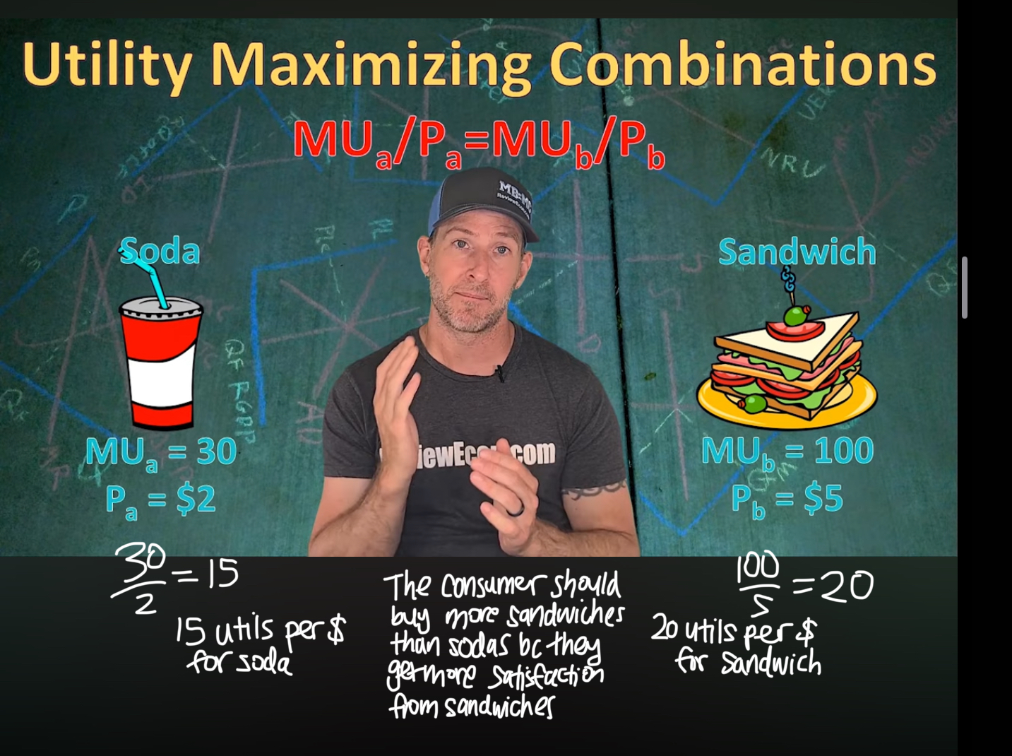 <p>Marginal utility of product A/price of product A = Marginal utility of product B/price of product B</p>