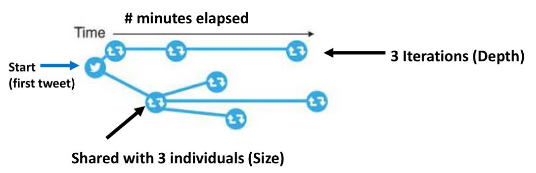 <ul><li><p>size: how many people it started with</p></li><li><p>depth: cascade of people (you send to your 2 friends who send it to 3 of their friends)</p></li><li><p>time: minutes elapsed</p></li></ul><p></p>