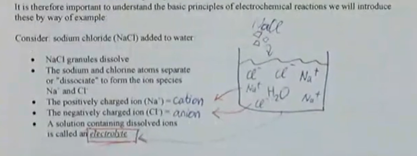 <ul><li><p>electro → movement of electrons, chemical → changes in chemical composition</p></li><li><p>consider sodium chloride added to water:<br>→ NaCl granules dissolve<br>→ the sodium and chlorine atoms separate or “dissociate” to form the ion species Na+ and Cl-<br>→ the positively charged ion (Na+) = cation<br>→ the negatively charged ion (Cl-) = anion<br>→ a solution containing dissolved ions is called an electrolyte</p></li></ul><p></p>