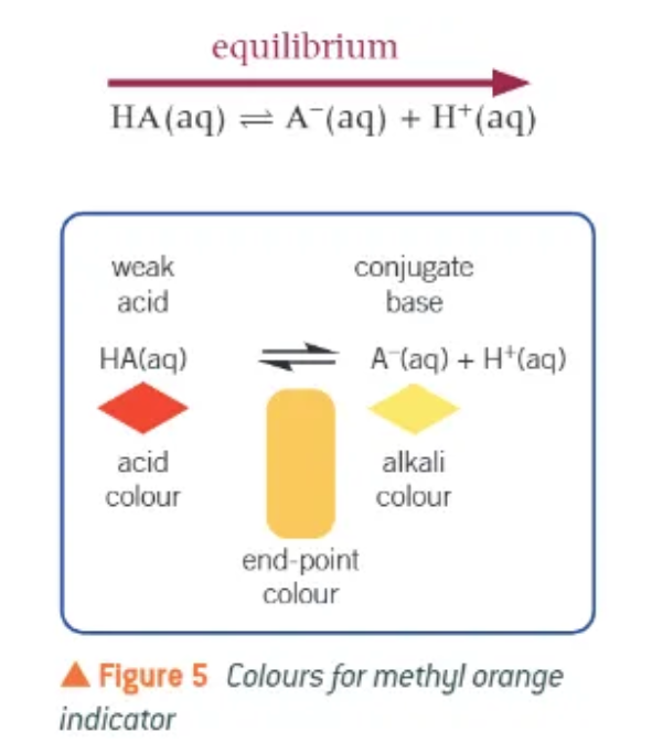 <ol><li><p>OH<sup>-</sup>(aq) ions react with H<sup>+</sup>(aq) in the indicator. </p></li><li><p>H<sup>+</sup>(aq) + OH<sup>-</sup>(aq) → H<sub>2</sub>O (l)</p></li><li><p>the weak acid, HA, dissociates + shifts the equilibrium to the right </p></li><li><p>the colour changes, first to orange at the endpoint and finally to yellow as the equilibrium positions if shifted to the right. </p></li><li><p></p></li></ol><p></p>