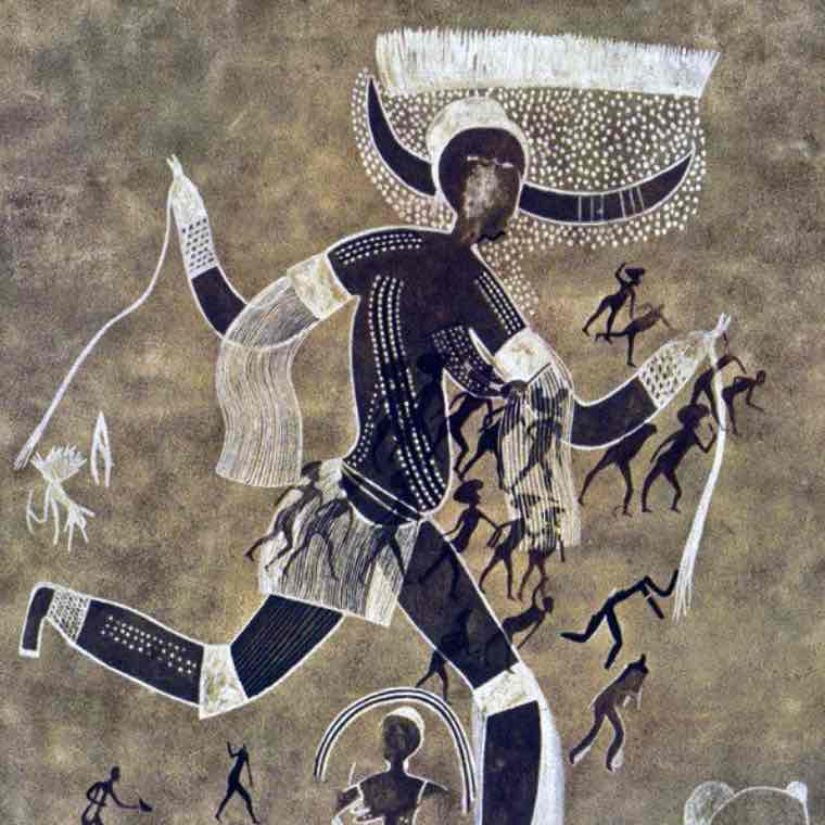 <p><strong>Running Horned Woman</strong></p><p>Prehistoric African</p><p>Tassili n’Ajjer, Algeria</p><p>6000-4000 BCE</p><p>Pigment on rock</p>