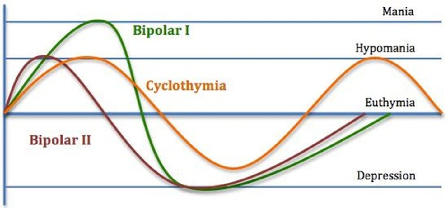 <p>a less severe form of bipolar in which people move between depression and a milder hypomania</p>