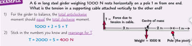 <ul><li><p>If total anticlockwise moment equals total clockwise moment about a pivot, the object is balanced &amp; wont turn. Can use equation to find a missing force/distance in these situations</p><ol><li><p>for girder to balance the total anticlockwise moment should equal the total clockwise moment</p></li><li><p>stick in the numbers u know &amp; rearrange for T</p></li></ol></li></ul>