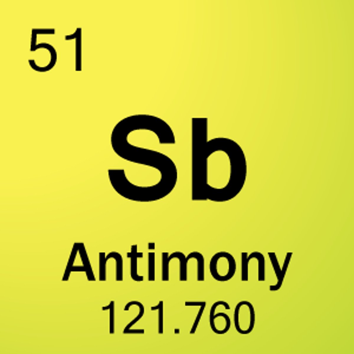 <p>Symbol: Sb<br>Atomic Mass: 121.8<br>Atomic Number: 51</p>