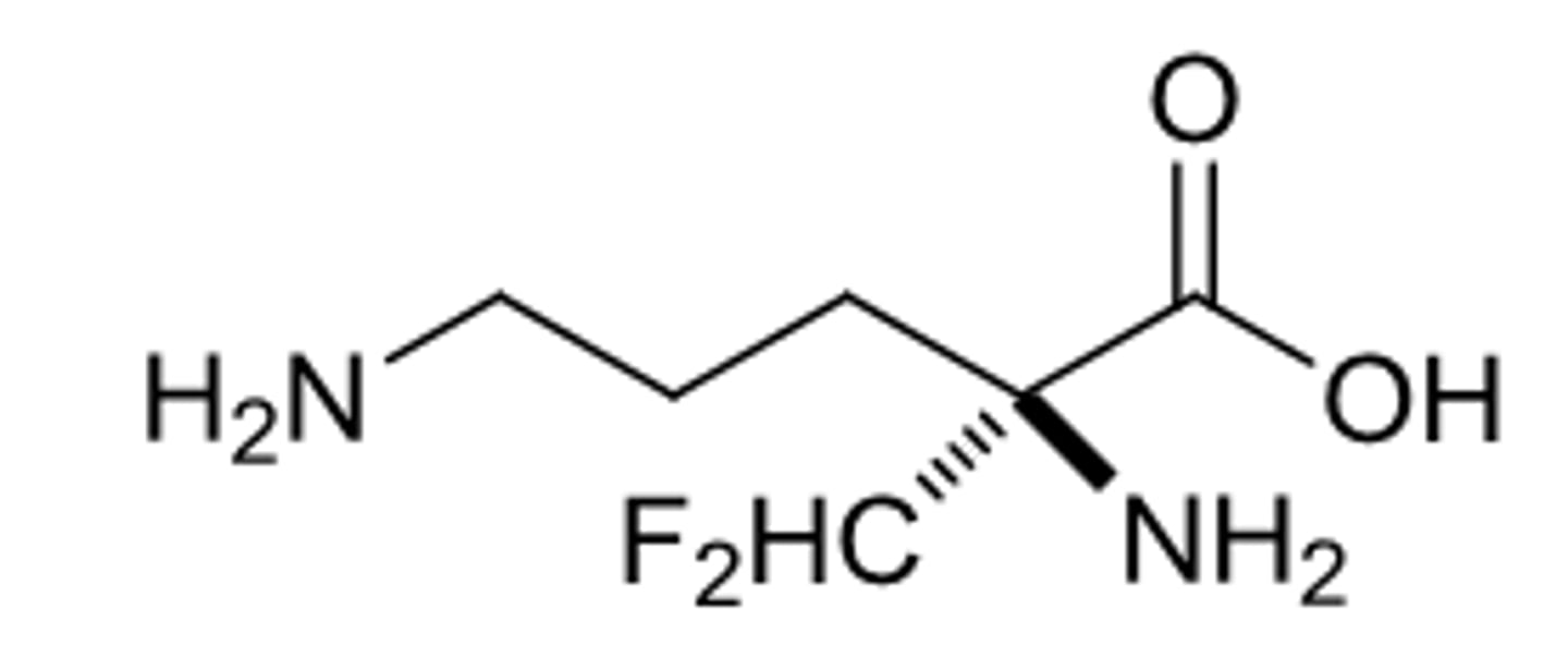 <p>used against late stage Trypanosoma brucei by competitive inhibition</p>