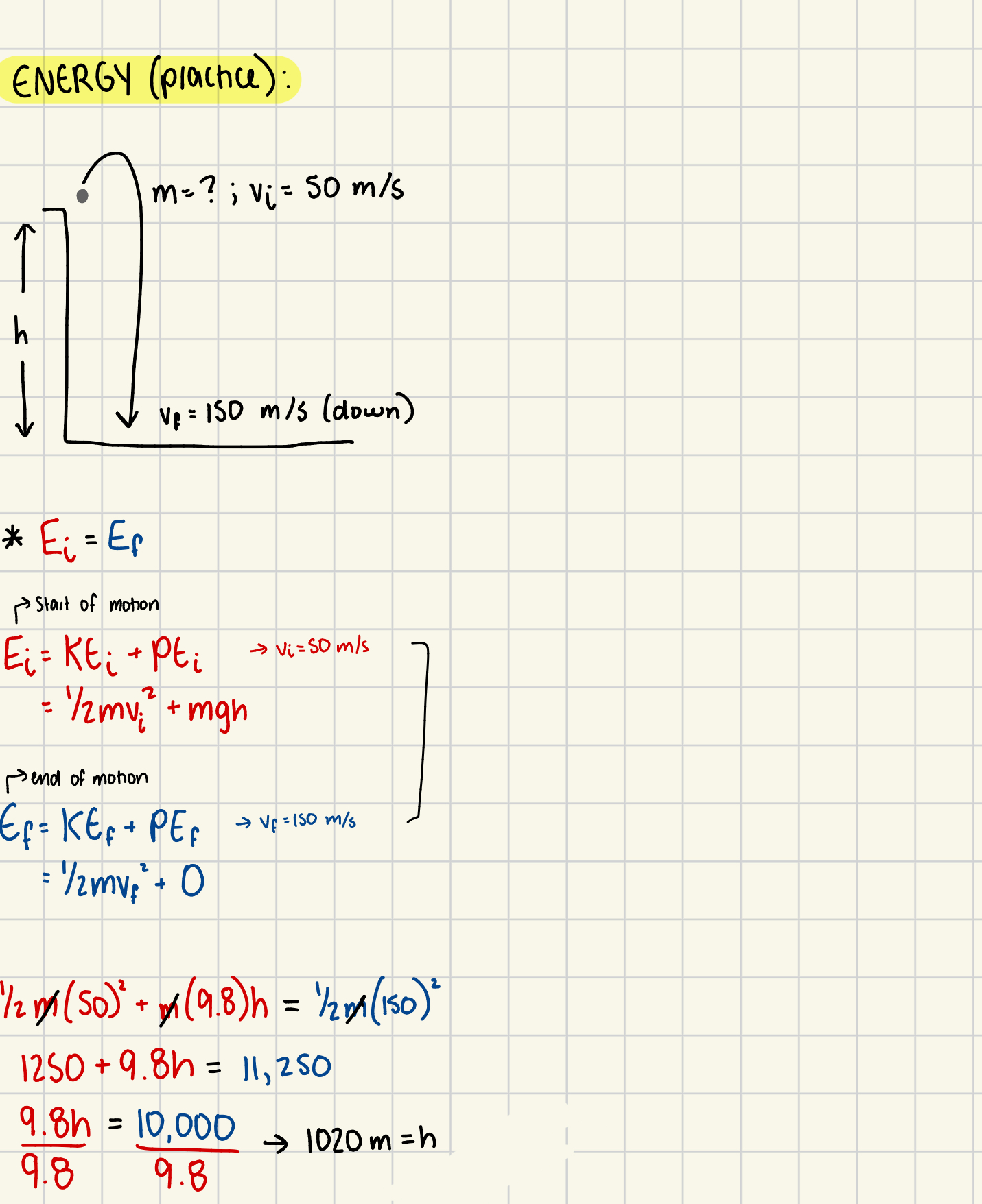 <p>Ei = Ef</p><ul><li><p>PE = 0 at the end of a motion</p></li><li><p>KE = 0 at the start of a motion</p></li></ul><p>Ei = KEi + PEi = 1/2mvi² + mgh</p><p>Ef = KEf + PEf = 1/2mvf² + mgh</p><p>**MASS (m) CAN BE CROSS-CANCELLED WHEN IT’S NOT GIVEN</p><p></p>