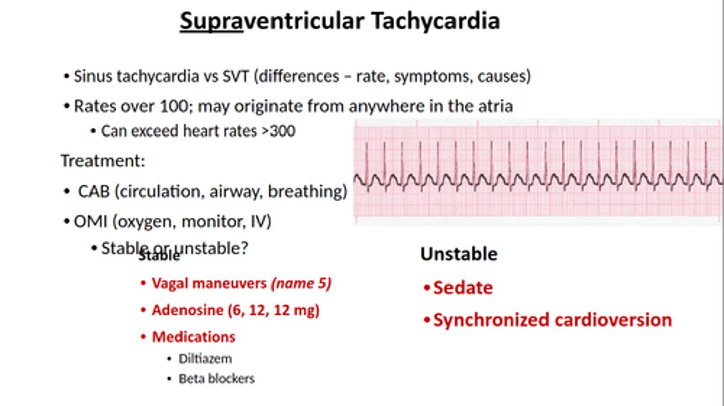<p>supine position, adenosine, saline flush, repeat if needed</p>