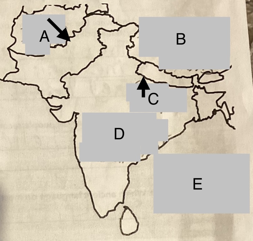 <p>Label the following on the map of Ancient India:</p><ul><li><p>Himalayan Mountains</p></li><li><p>Indian Subcontinent</p></li><li><p>Indus River</p></li><li><p>Ganges River</p></li><li><p>Indian Ocean</p></li></ul><p></p>