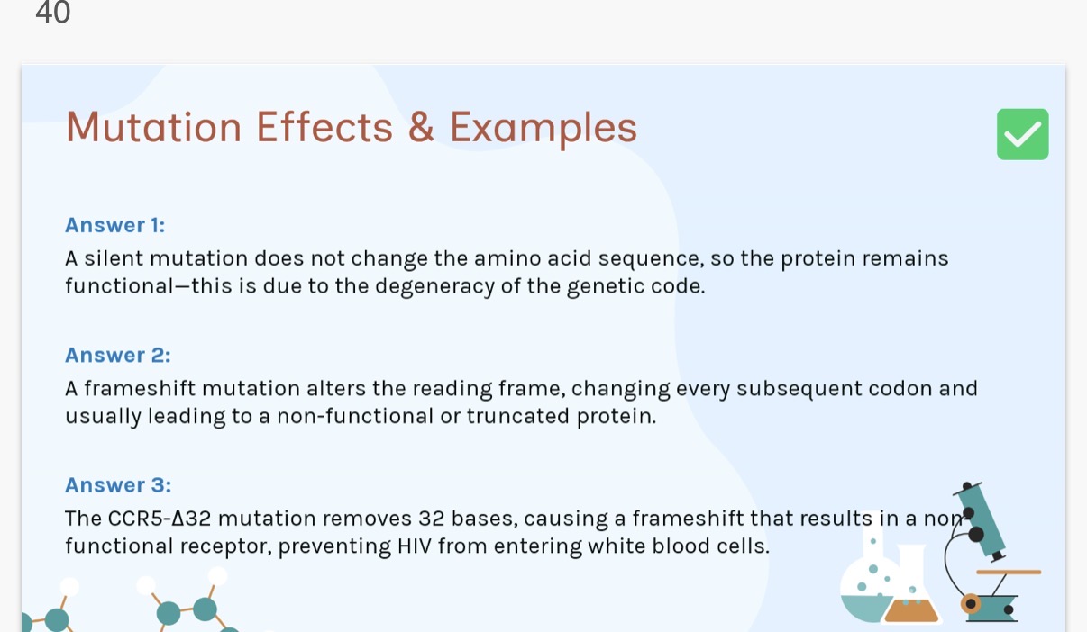 <ol><li><p>•DNA sequencing: To identify mutations</p></li></ol><p>•CRISPR-Cas9: To edit genes precisely </p><p>•Gene therapy: To correct harmful mutations</p><ol start="2"><li><p>Understanding mutations helps to develop personalized medicine based on individual genomes.</p></li></ol><p></p>