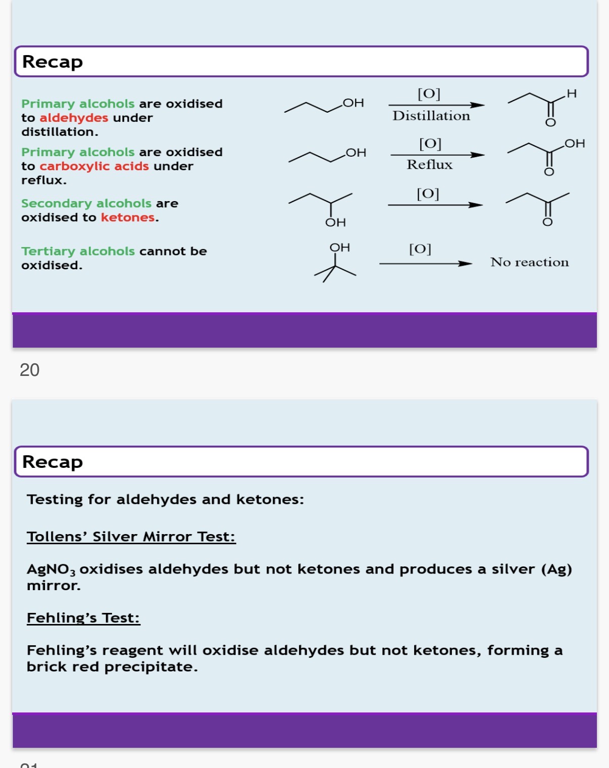 <p>1. distillation. 2.carboxylic acids. 3.reflux</p><p>4.ketones. 5.oxidised. 6.silver mirror(thin mettalic coating of silver) (the Ag+ ions are reduced to metallic Ag which forms the coating)</p><ol start="7"><li><p>Brick red</p></li><li><p>Tollens:Tollens reagent remains colourless.</p></li></ol><p>Fehling’s: Fehlings reagent remains blue</p><ol start="9"><li><p>Methanol: Primary</p></li></ol><p>Propan-2-ol: Secondary</p><p>2-methylpropan-2-ol: Tertiary</p><p>10.Methanol<ethanol<propan-1-ol</p><p>From methanol to propan-1-ol increase in carbon chain length increases surface area and an Increase in number of contact points between adjacent alcohol molecules.Leads to an Increase in number and strength of London forces so more heat energy is needed to break these forces</p><p>11.Octan-1-ol< butan-1-ol< methanol</p><p>Octan-1-ol, butan-1-ol and methanol all contain polar OH groups that form hydrogen bonds with water molecules.</p><p>The carbon chain is non-polar Alcohol molecules become more non-polar as the carbon chain length increases from methanol to octan-1-ol.</p><p>Non-polar chain cannot form hydrogen bonds with water So solubility in water decreases with increasing chain length.</p><ol start="12"><li><p>•Tollen’s: Cyclical + straight chain molecules</p></li></ol><p>•Fehling’s:straight chain molecules</p><p></p><p></p>