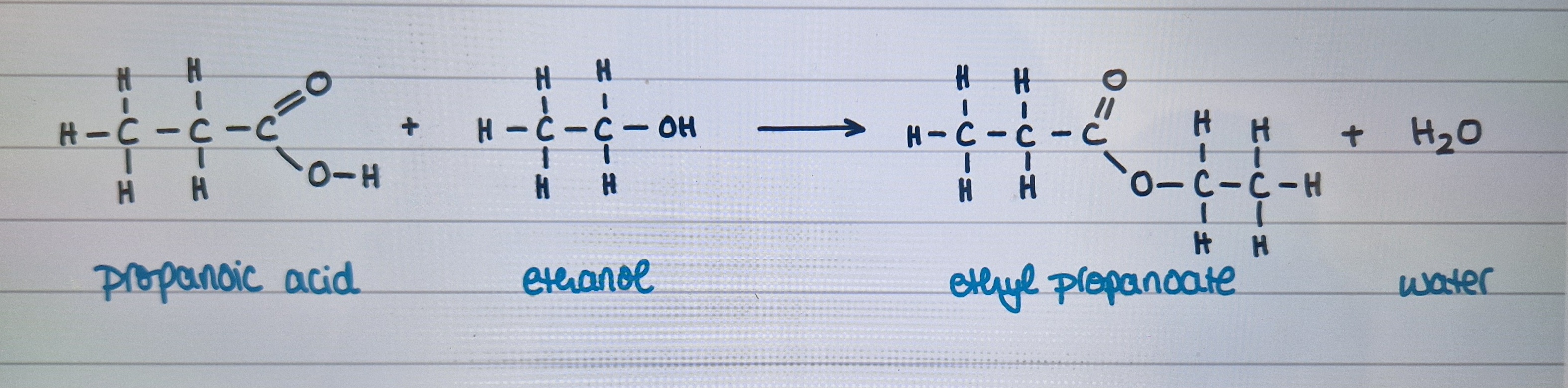 <ul><li><p>Happens when carboxylic acids react with alcohols in presence of concentrated H2SO4</p></li><li><p class="has-focus">produces ester + water</p></li></ul><p></p>