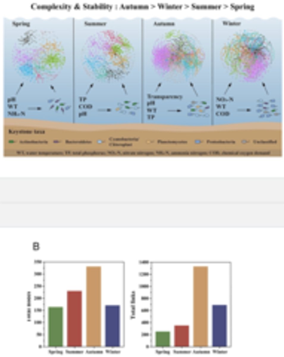 <p>Environment (chemical, temperature, etc.) changes depending on the seasons, meaning different species thrive at different parts of the year</p><p>-most diversity occurs in autumn</p>