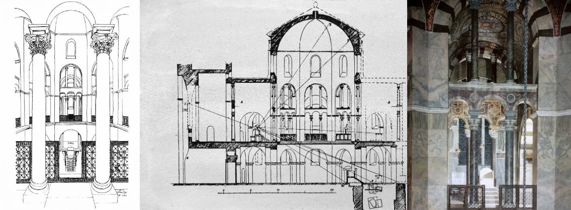 <p>The Palatine Chapel, Aachen, c. 792-805 (part of Charlemagne’s Complex)<br>Architect: Odo of Metz. Form: Carolingian; central-plan, octagon, inspired by San Vitale. Function: imperial chapel, coronation, Char.’s mausoleum. Medium: stone + brick, marble and bronze spolia. Significant Features: dome, two-story ambulatory, westwerk, elevated throne in tribune with views of all significant features. Decoration: marble revetment, mosaics, bronze doors, arches + columns. Meaning (culturally, symbolically): linked Char. to Roman + byz. imp. power; unity of church + state.</p>