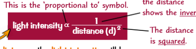 <p>(Pondweed practical) When the lamp is moved away? If the distance decreases? Light intensity decreases in proportion to? Inverse square law?</p>