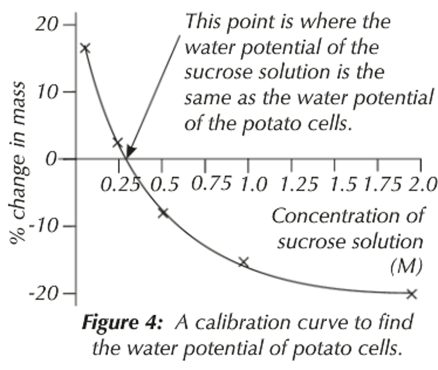 <p>Where the line intercepts with the X axis is the point where the water potential of the solution is the same as the water potential inside the tissue (i.e., the isotonic point).</p>
