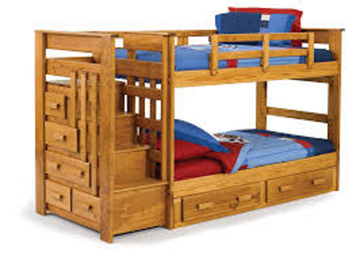 <p>a bed with one frame above the other: giường tầng</p>
