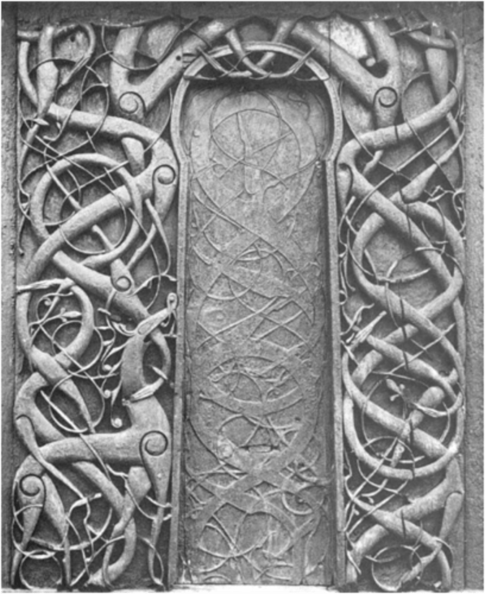 <p>Intricate interlacing animal designs (Urnes style), with serpentine and dragon-like creatures.</p>