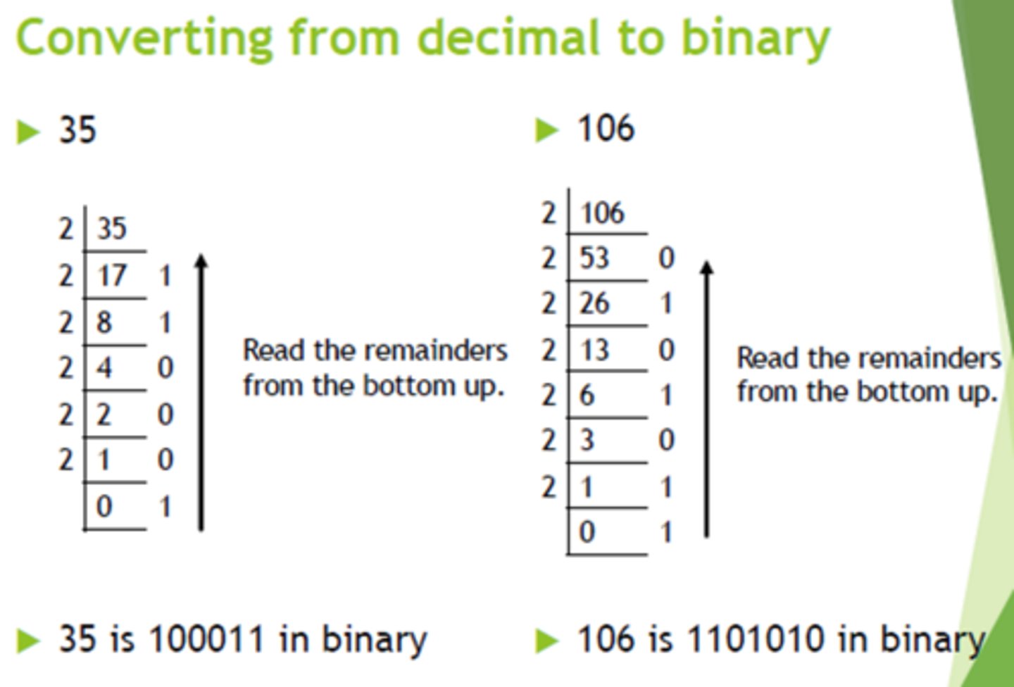 <p>divide by 2 and keep remainder</p>