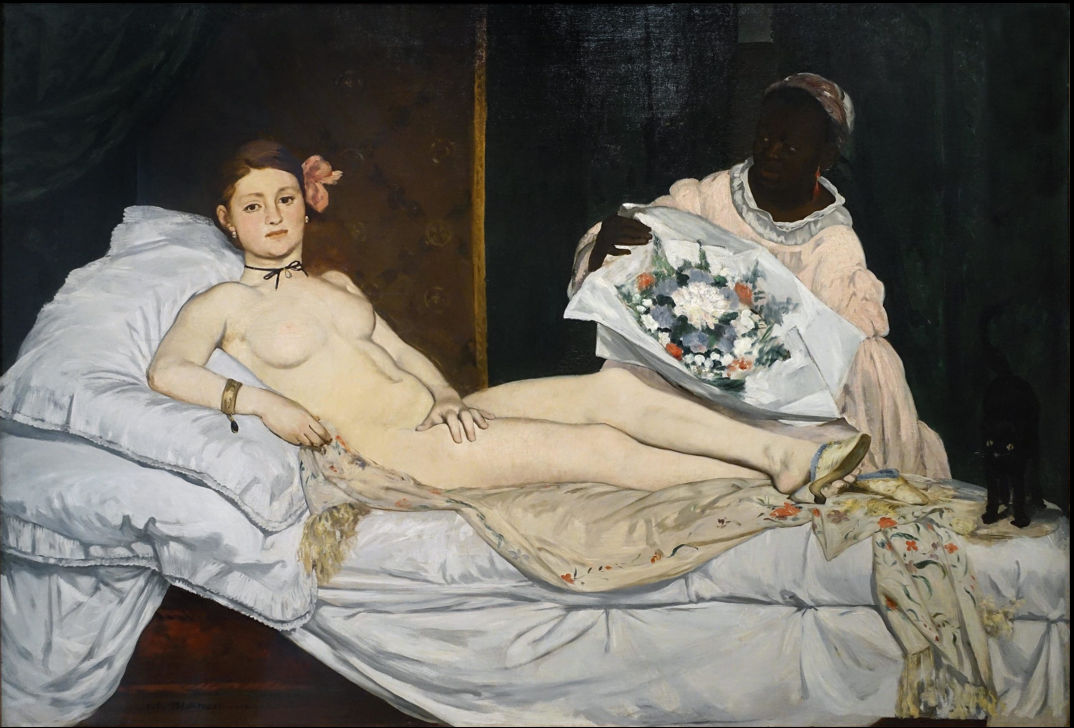 <p>Édouard Manet, Olympia, 1863, oil on canvas, 130 x 190 cm</p><p></p><p>What are the piece’s form, function, content, and context?</p>