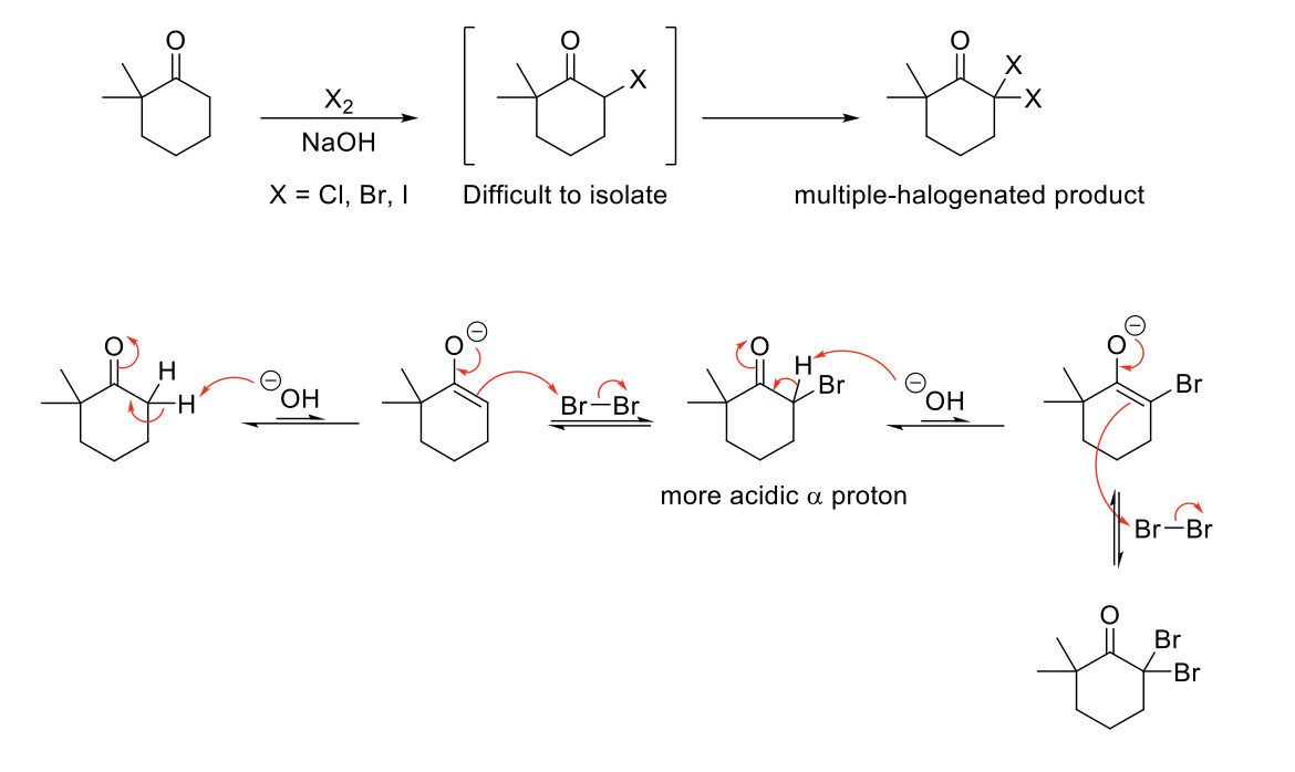 <p><strong>Mechanism:</strong></p><p>1) Enolate formation.</p><p>2) Formation of C=O bond, double bond attacks bromine, Br<sub>2</sub> bond breaks.</p><p>3) Repeats if α proton available.</p><p></p><p><strong>Notes:</strong></p><p>Halogenation is repeated because once a bromine is added, the remaining proton is more acidic than the starting material due to resonance and induction.</p><p>Number of halogenations = number of α protons.</p>
