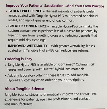 <p>polymer coating for CL </p><ul><li><p>improves wettability, lubricity, water retention, minimizes protein and lipid deposits </p></li><li><p>no alcohol or abrasive cleaners or tap water </p></li></ul><p></p>