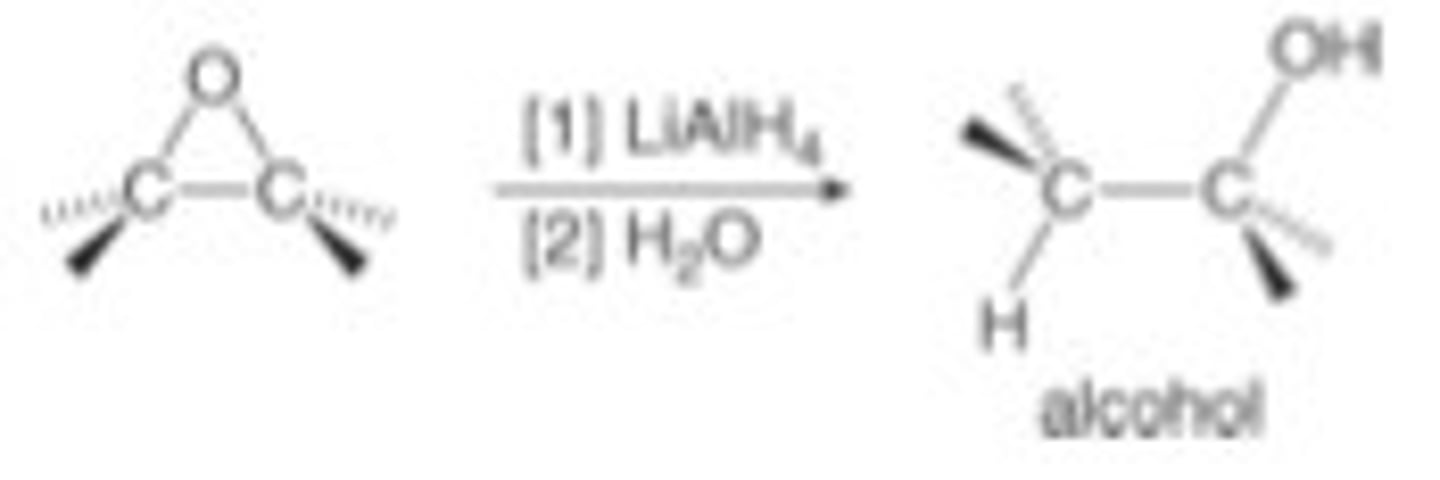 <p>alcohol</p><p>hydride adds to less hindered C</p>