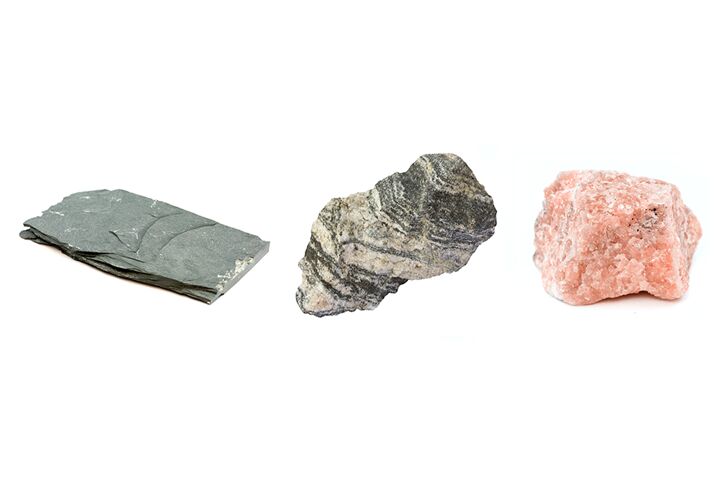 <p>Any rock that has been changed by intense heat and pressure</p><p>Heat and pressure can change the types of minerals and the size and shape of the crystals.</p>