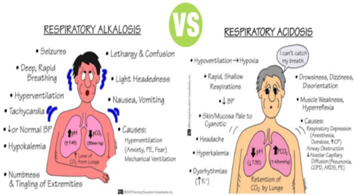 <p>Acidosis: CARBS</p><p>-Confusion</p><p>-Agitation</p><p>-Restlessness</p><p>-Blurred Vision</p><p>-Seizures</p><p>Seen in pt with COPD and those that are hypoventilating</p><p>Alkalosis: NO CARDS</p><p>-Numbness/tingling</p><p>-Orthostatic hypotension</p><p>-Confusion</p><p>-Anxiety</p><p>-Rapid Breathing (hyperventilation)</p><p>-Dizziness</p><p>-Seizures</p><p>Seen in pt with CHF or PE, hyperventilating</p>