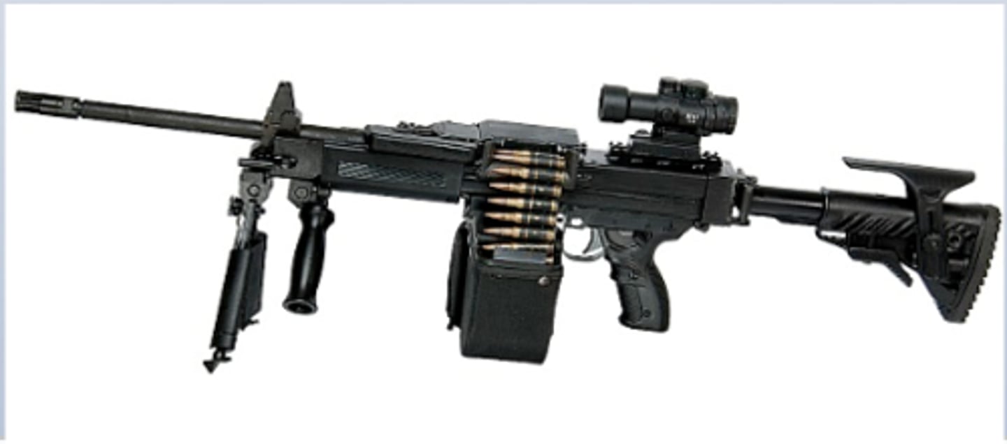 <p>-Military weapon</p><p>-Fully automatic, keeps firing when triggers is held back</p><p>-Fires bullets in quick succession from ammo belt/magazine - several hundred rounds per minute</p><p>-Stabilizer on ground + handle</p>