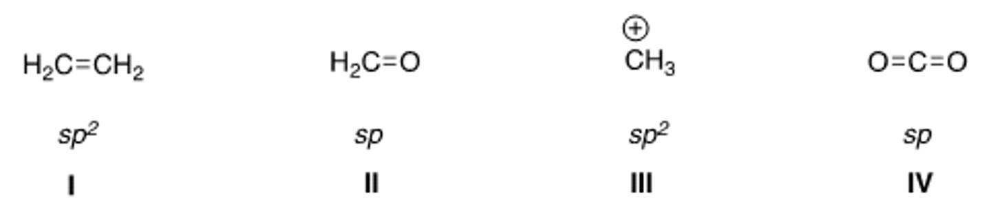 <p>48. In which structure is the hybridization incorrect?</p><p>A) I</p><p>B) II</p><p>C) III</p><p>D) IV</p>
