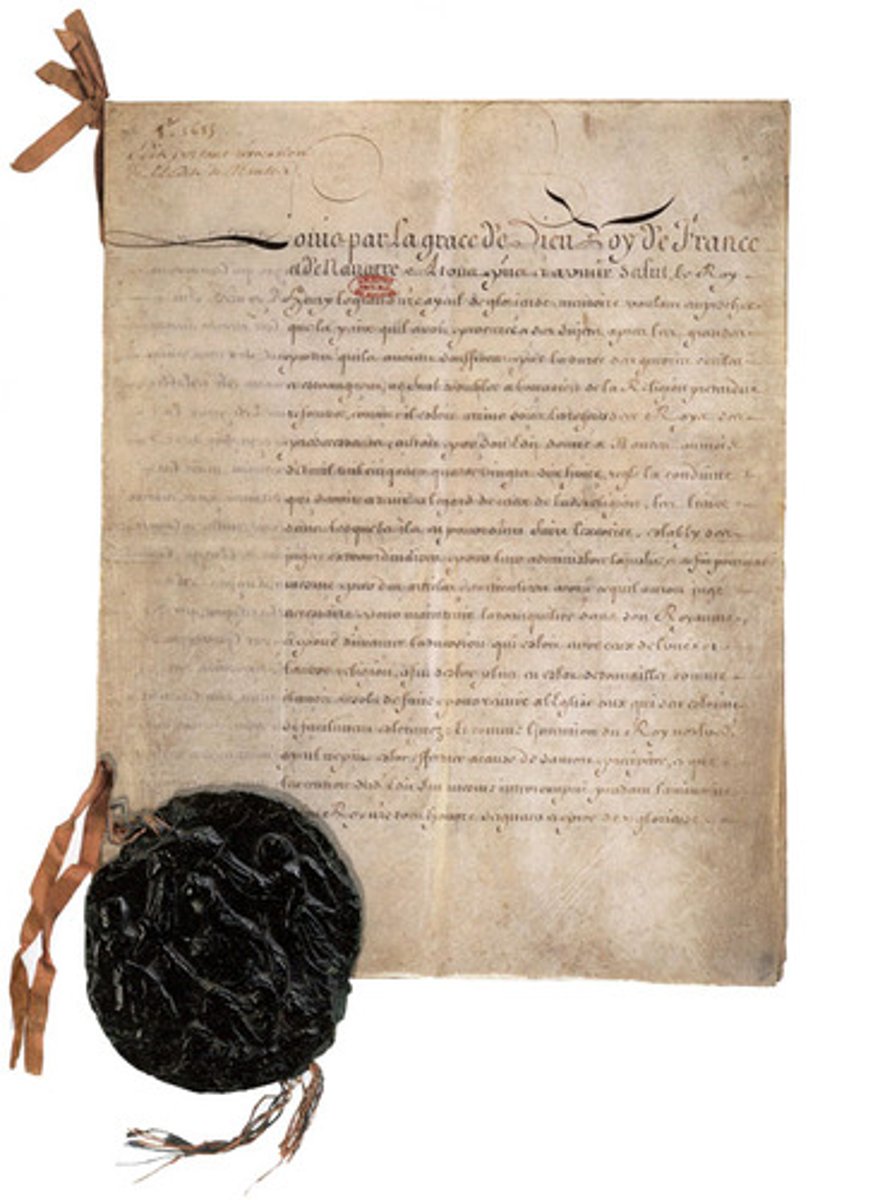 <p>This edict passed in France in 1598 helped end the open slaughter of people in France based on religious conflict that had been raging for years. The edict acknowledged Catholicism as the the official religion of France but guaranteed the Huguenots the right to worship in selected places in every district and let them keep a number of fortified towns for their protection.</p>