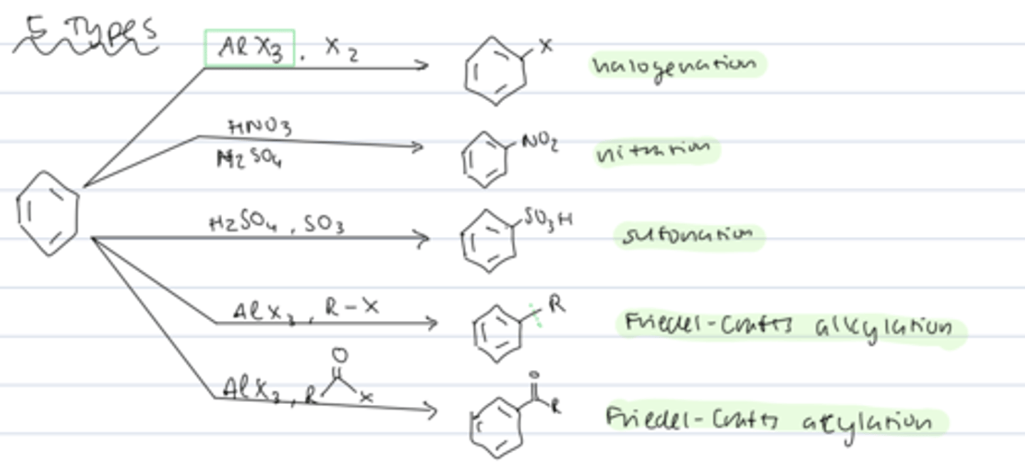 <p>halogenation</p><p>nitration</p><p>sulfonation</p><p>Friedel-Crafts alkylation</p><p>Fridel-Crafts acylation</p>