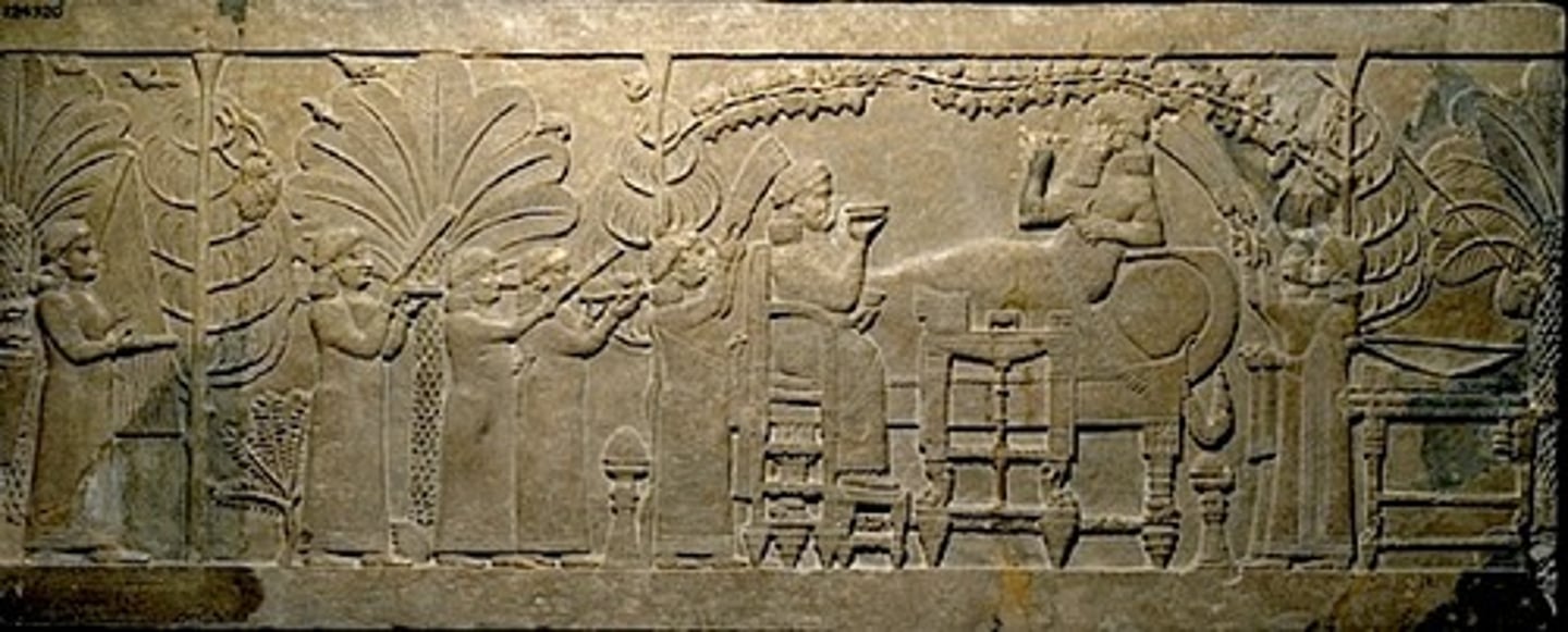 <p>IRAQ.</p><p>- Assyrian</p><p>- Wife having a feast</p><p>- Fan holders</p><p>- Military victory</p><p>-victory celebration.</p>