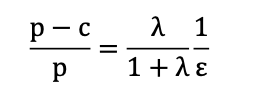 <p>Called the <strong>Ramsey-Boiteux</strong> formula and is a way to set price in a regulated environment:</p><p>It links price cost margin to elasticity of demand &amp; opportunity cost of public funds (their shadow price)</p><p class="p1">• <strong>If 𝛌 = 𝟎 (no distorsions):</strong></p><p class="p1">Then p = c meaning the optimal price equals marginal cost. In this case, financing the service through public transfers t (another way is to say that taxpayers have 0 weight in the welfare function and all weight is on the users)</p><p class="p1"><strong>• If 𝛌 → ∞:</strong></p><p class="p1">Then 𝛌 / 1+𝛌 → 𝟏 and the pricing rule converges to the unregulated monopoly price. The regulator avoids subsidies altogether, preferring users to bear the cost.</p><p class="p1"><strong>Depending on value of 𝛌</strong>, narrow approach to pricing may lead to underestimation or overestimation of the markup that would produce an optimal price <br>→ the higher 𝛌 is, the less incorrect the Lerner markup is for a given D elasticity</p><p class="p1"><strong>Bottom line:</strong> The Ramsey-Boiteux pricing rule ensures that the price-cost margin reflects both the elasticity of demand (to avoid inefficiencies in consumption) &amp; the distortionary cost of raising public funds (to avoid excessive taxation).</p><p class="p1">Higher λ → higher markup allowed; higher elasticity → lower markup.</p>