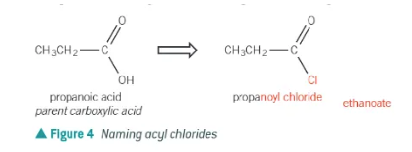 <p>remove the -oic acid suffix from the parent carboxylic acid and replace with -oyl chloride</p>