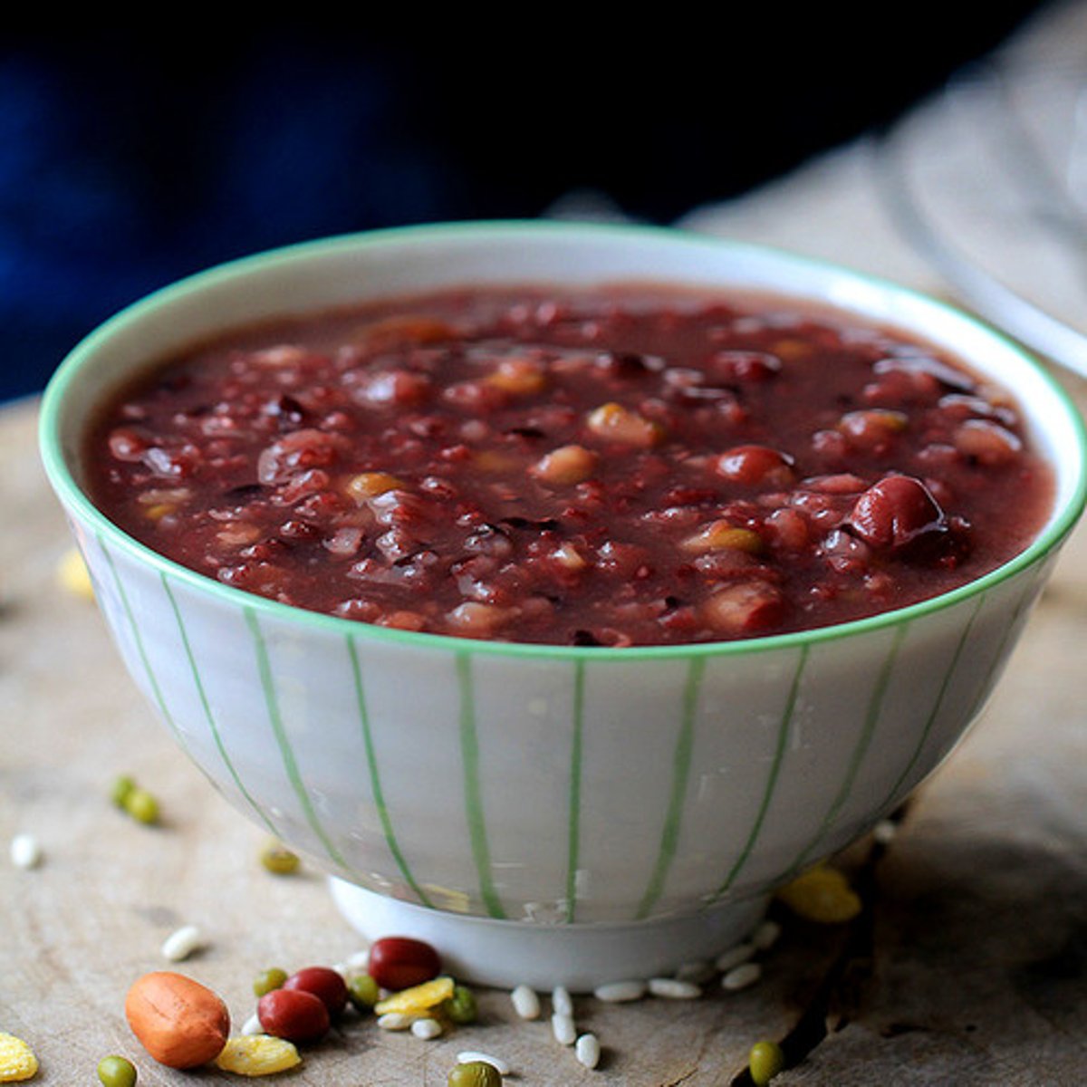 <p>bā bǎo zhōu - 'Eight Treasure' rice porridge (made with red beans, lotus seeds, longan, red dates and nuts)</p>